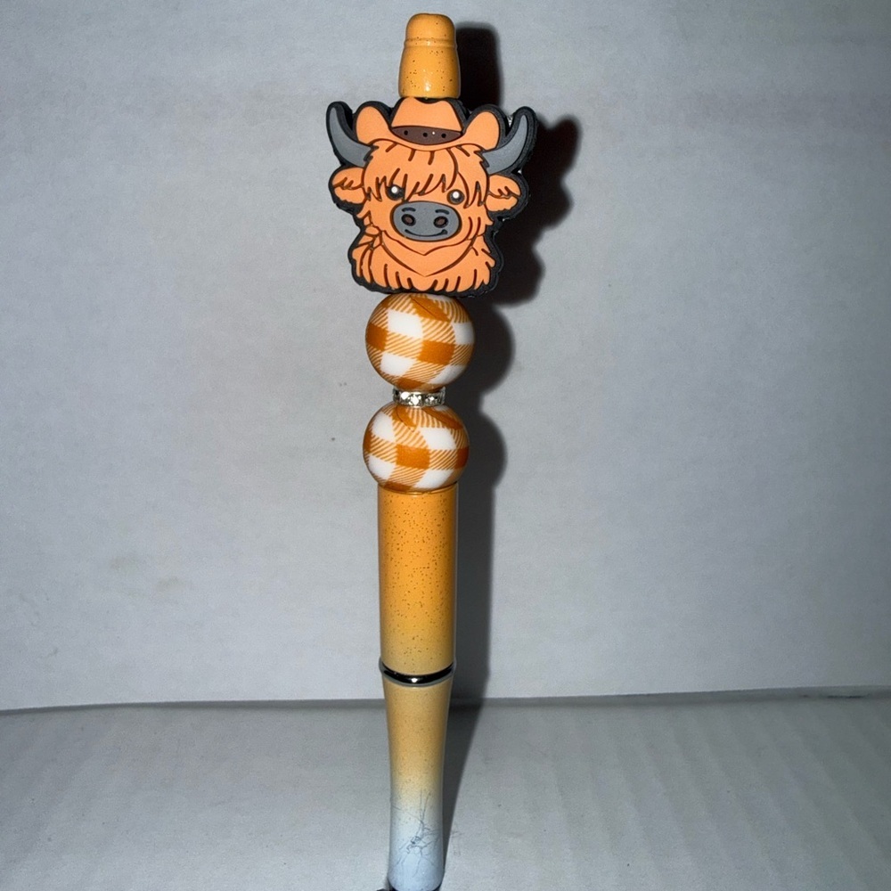 Handmade Beaded Pen- Cute Highland Cow with plaid silicone beads